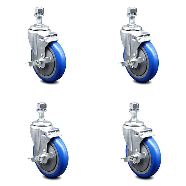Service Caster 5 Inch Blue Polyurethane Swivel 12mm Threaded Stem Caster Set with Brake SCC-TS20S514-PPUB-BLUE-TLB-M1215-4 - main